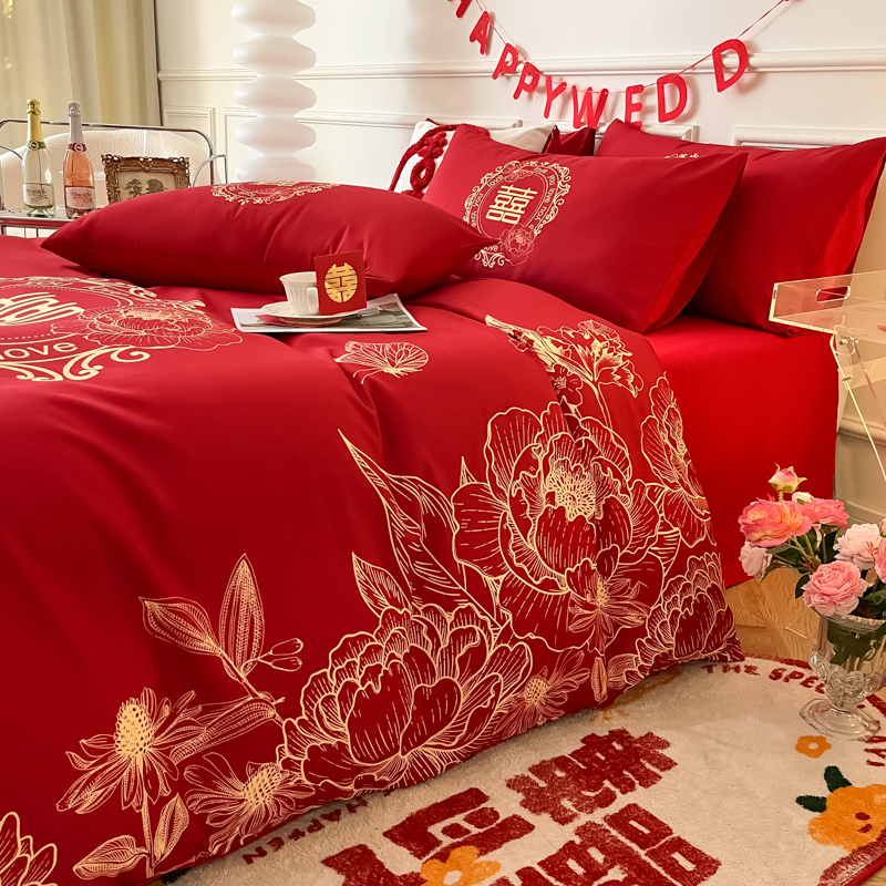 婚庆四件套大红色高级感被套床单全棉新婚房喜被结婚床上用品