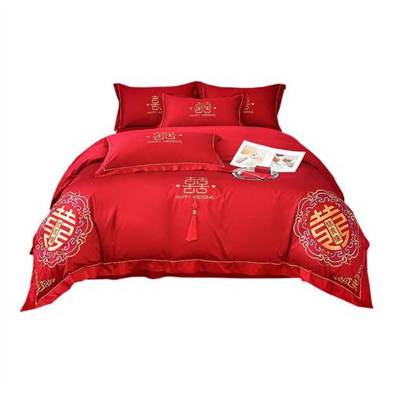 结婚床上用品四件套婚庆红色婚房喜被床单被套被单婚礼大红色新婚
