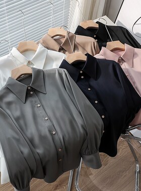 仿醋缎面 春季新k款女式衬衣设计感小众通勤气质小金扣长袖衬衫女