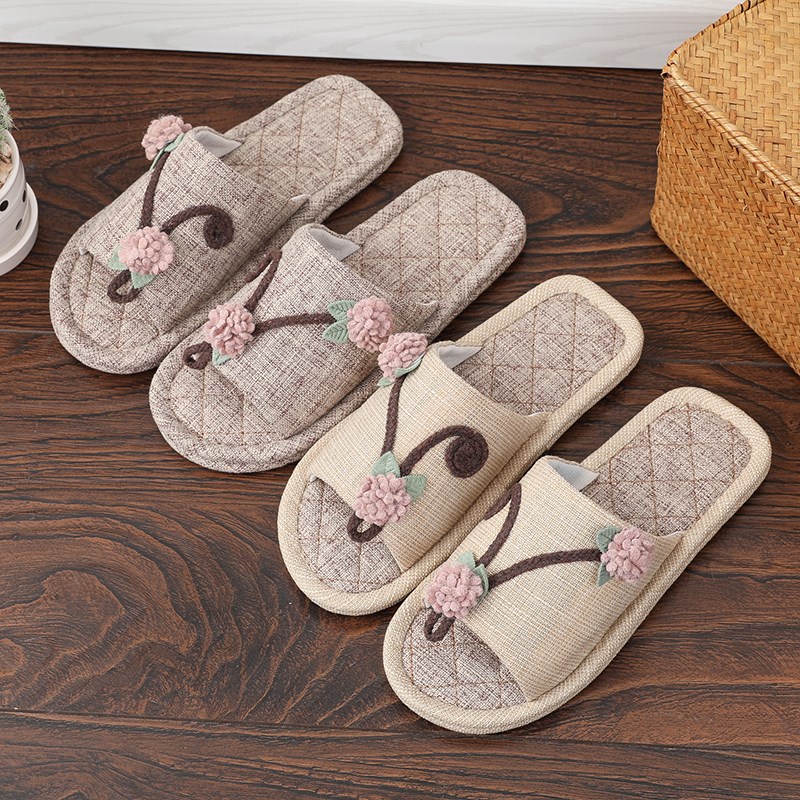 室内家居亚麻布艺防滑布底拖鞋无声木地板静音女秋冬季家用四季软