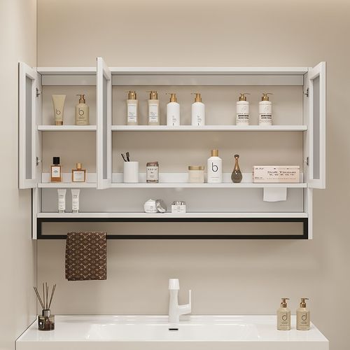 简约实木智能浴室镜柜挂墙式带灯除雾卫生间梳妆镜带置物架镜箱