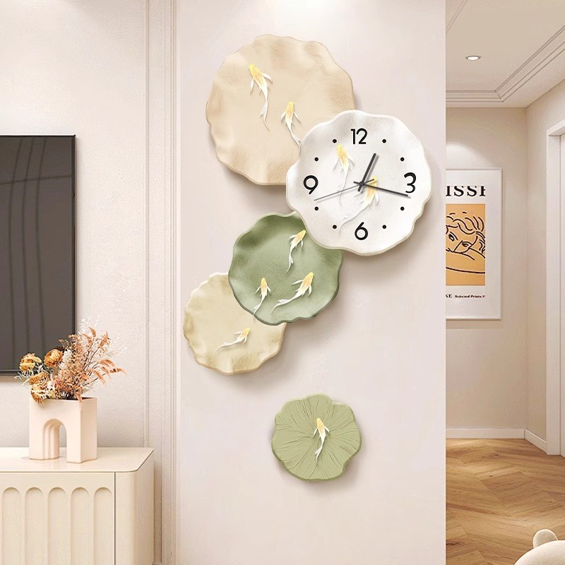 九鱼图客厅装饰画钟表挂钟餐厅沙发电视机背景墙挂画玄关墙上壁画