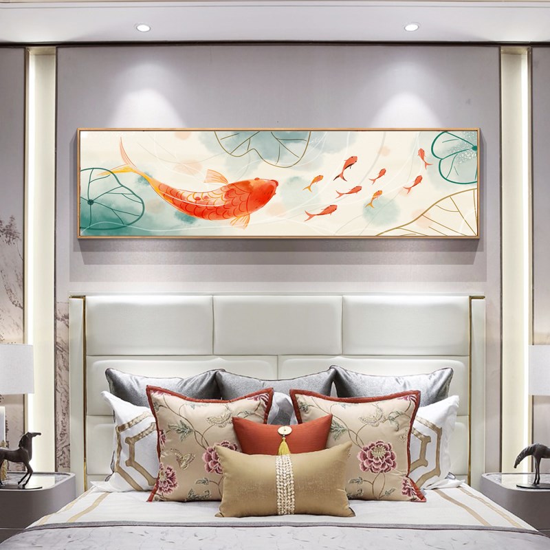 新中式水墨鱼床头装饰画客厅沙发墙面挂画九鱼图现代简约壁画有框图片