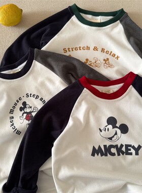 儿童卡通T恤男童秋m冬2025新款中小童插肩袖拼色宝宝打底衫女加绒