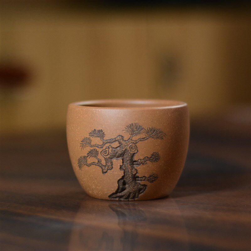 宜兴紫砂主人f杯茶杯品茗杯立体手工松树刻绘原矿段泥紫泥大容量