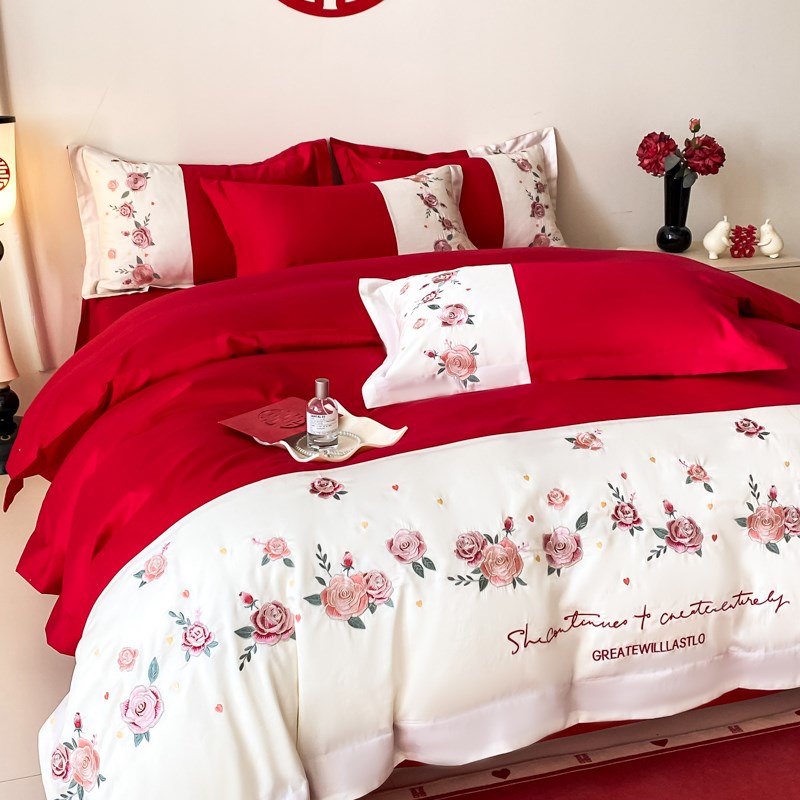 简约刺绣纯棉结婚四件套大红色全棉婚庆陪嫁婚房被套床单床上用品