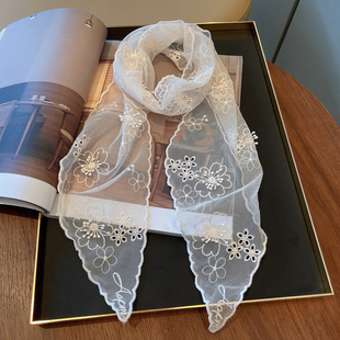 立体浮雕刺绣蕾丝长条丝巾绣花百搭装饰小领巾衬R衫搭配围巾春款