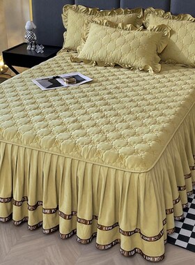 高端纯色夹棉床裙式床罩p单件加厚荷花边床单三件套1.5米1.8x2.0