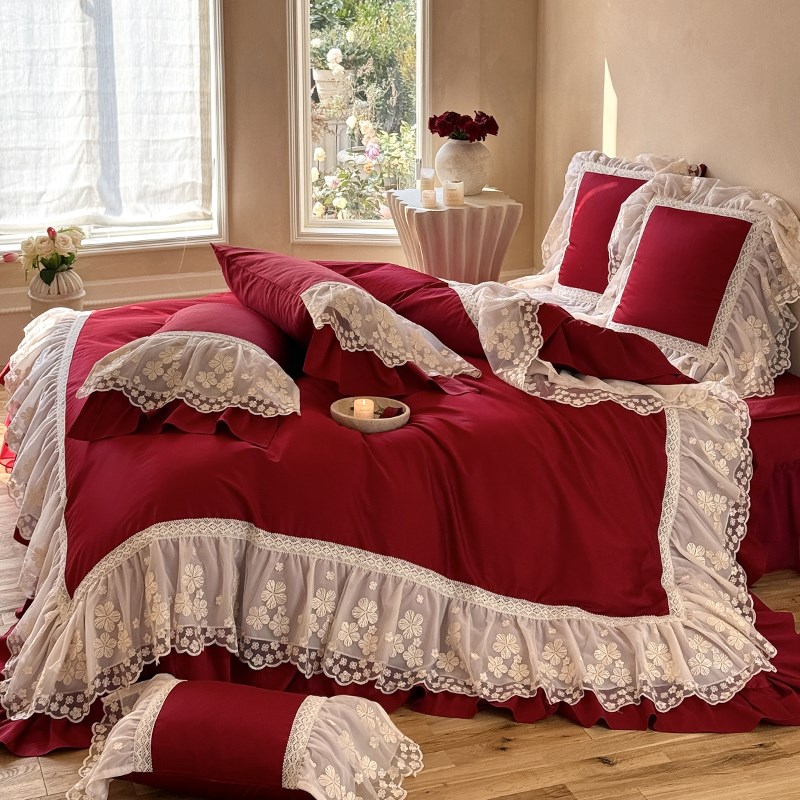 仙气浪漫风蕾丝花边全棉四件套酒红色被套纯棉床盖公主风床上用品