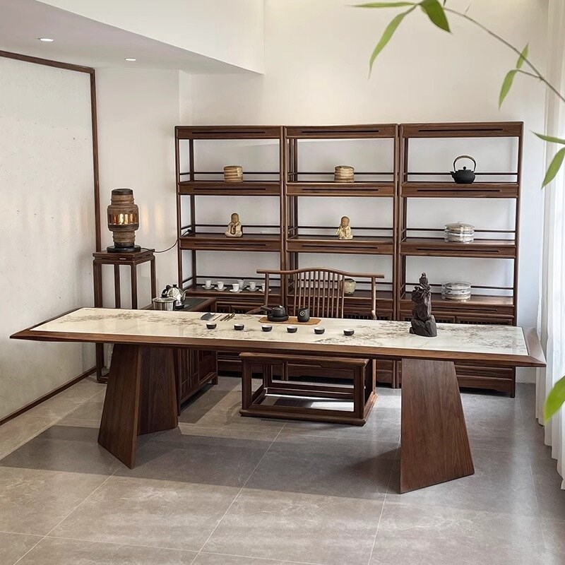 现代简约岩板茶台2024新款高端实木泡茶桌胡桃木茶桌办公家用设计