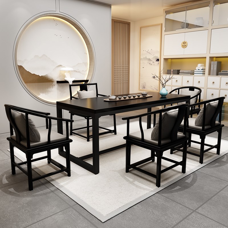 家用实木茶桌中古诧寂风黑色长方形茶馆客厅设计铁艺原木茶几