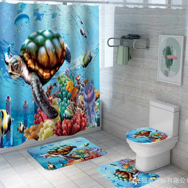 海洋世界海龟 数码印花防水浴帘 金属扣眼 C型塑料挂钩  量大从优