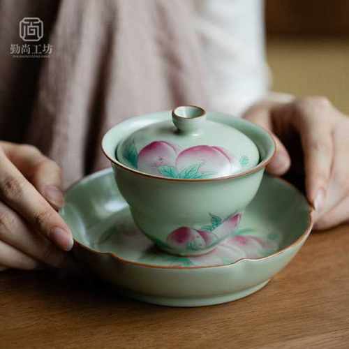 秘黄汝窑寿桃壶承干泡茶盘陶瓷茶道配件盖碗底托家用果盘茶点盘