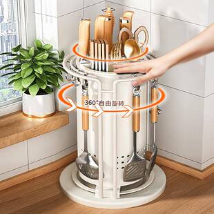 厨房旋转刀子架置物架铲勺旋转圆筒筷筒刀菜架一锅体收纳盒多功能