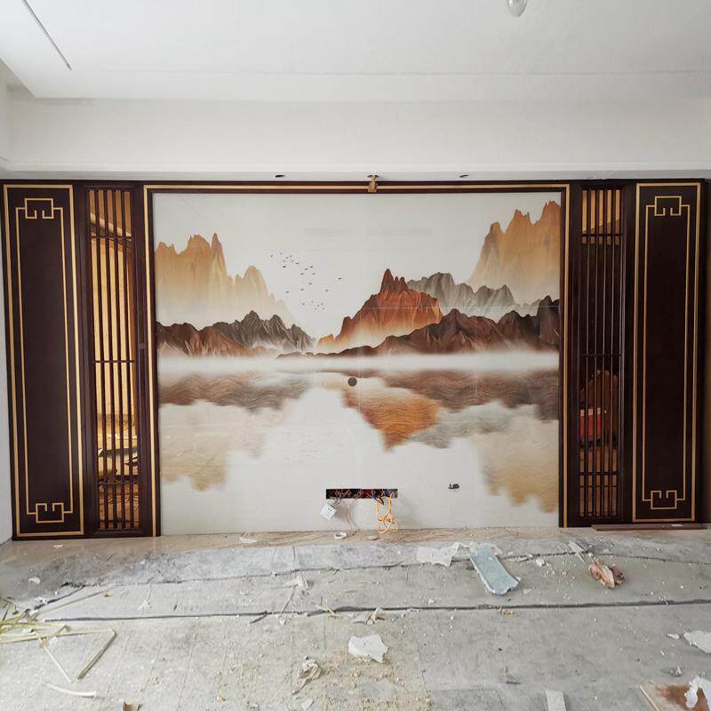 新中板式岩板电视背墙景墙轻奢实木花无品牌/格护条边框瓷砖微晶