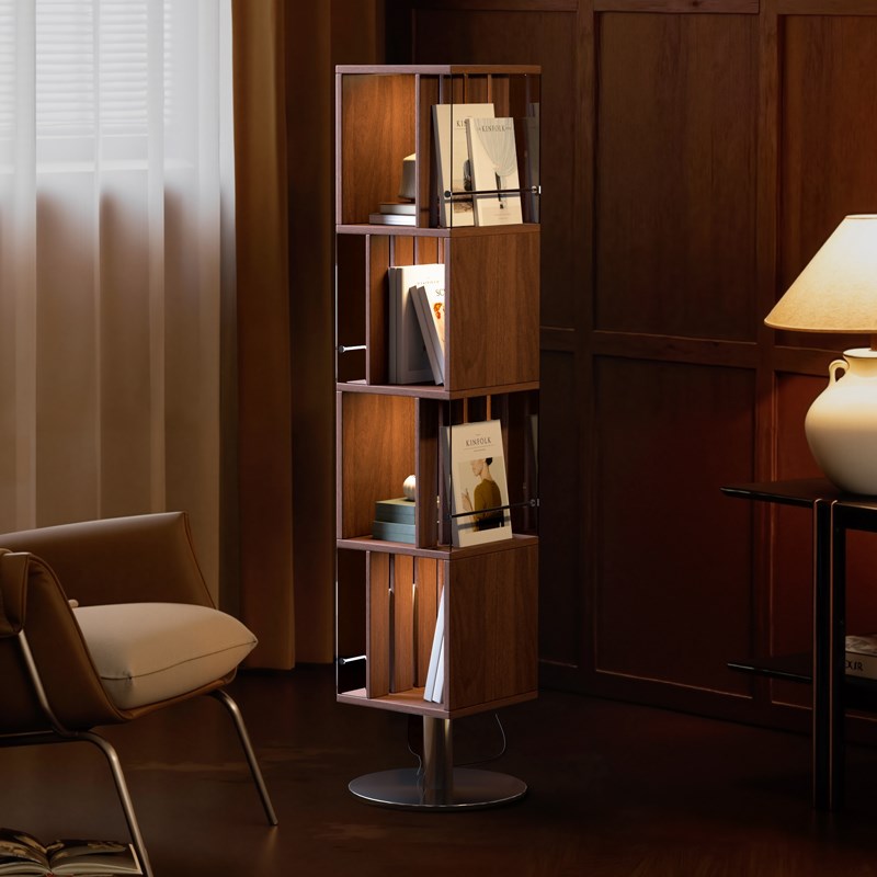 旋转书架中古f风实木书报架墙角落带灯展示柜不占地方落地立式书