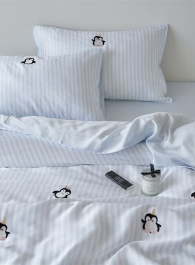 六月雨白春夏60支兰精天丝企鹅卡通蓝色轻奢O凉感床单床上三四件