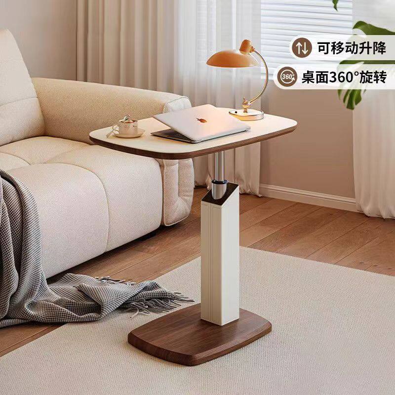 马鞍皮升降边几客厅中古风可移动茶几客厅升降桌卧室床头电脑桌