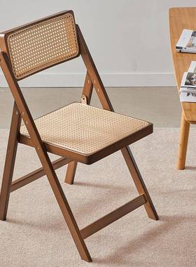 饭藤编折餐椅家用原厅木风餐叠桌凳TKF子楠竹靠背椅子日式餐休闲吃椅