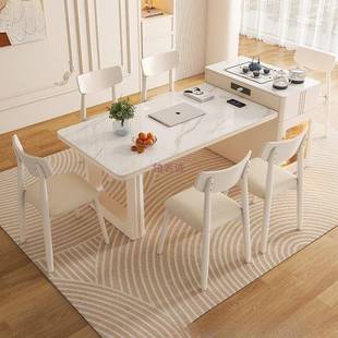 1114奶油风岩板岛餐桌茶一体可伸缩小型户家用轻台奢现代简约台饭