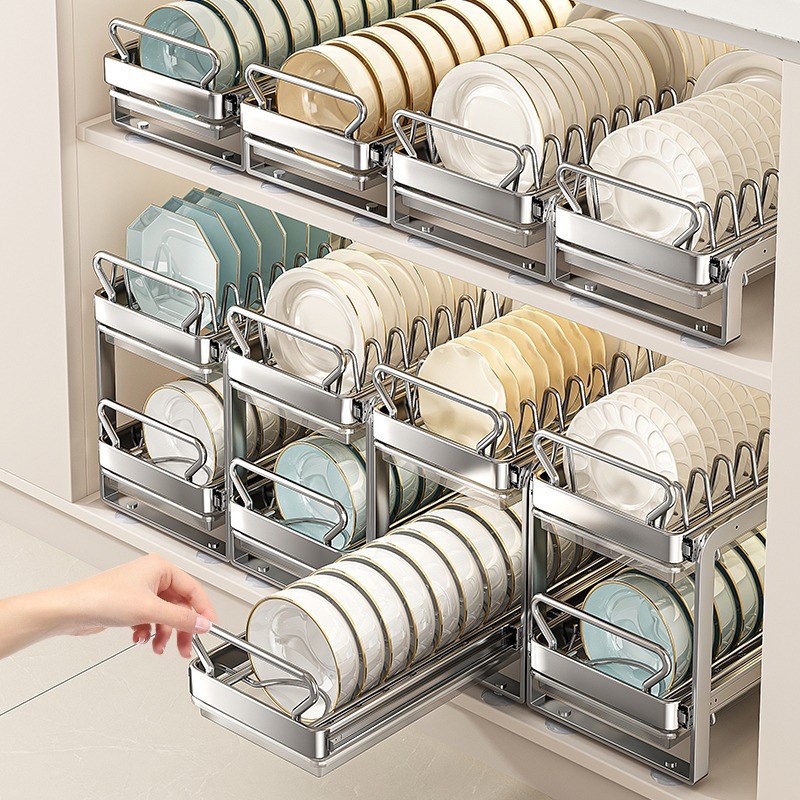 实心不锈b钢抽拉碗碟收纳架厨房抽屉式拉篮橱柜内置沥水碗架置物
