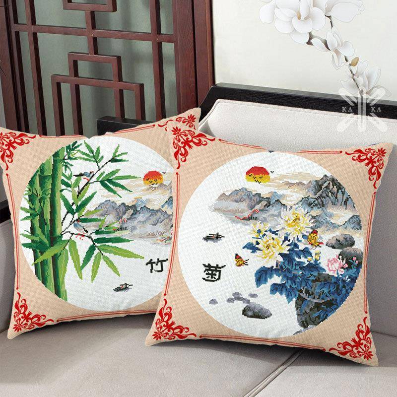 50AY1梅兰F76TT7SS竹菊十字绣抱枕223新线绣自款己绣风客厅卧室刺