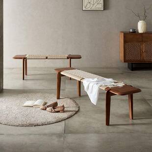 北藤编床尾卧室入户绳编长凳欧凳边试换鞋 凳脚踏榻前床长条凳服装