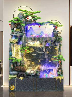 假水喷泉鱼缸玄关水景墙瀑布屏风客厅QMD庭摆流院景观装山饰品落