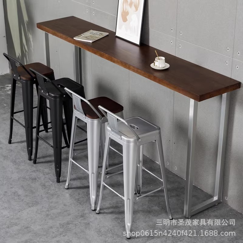 工业风吧台桌简约loft酒吧靠墙吧台桌椅组合铁艺实木长条窄高脚桌