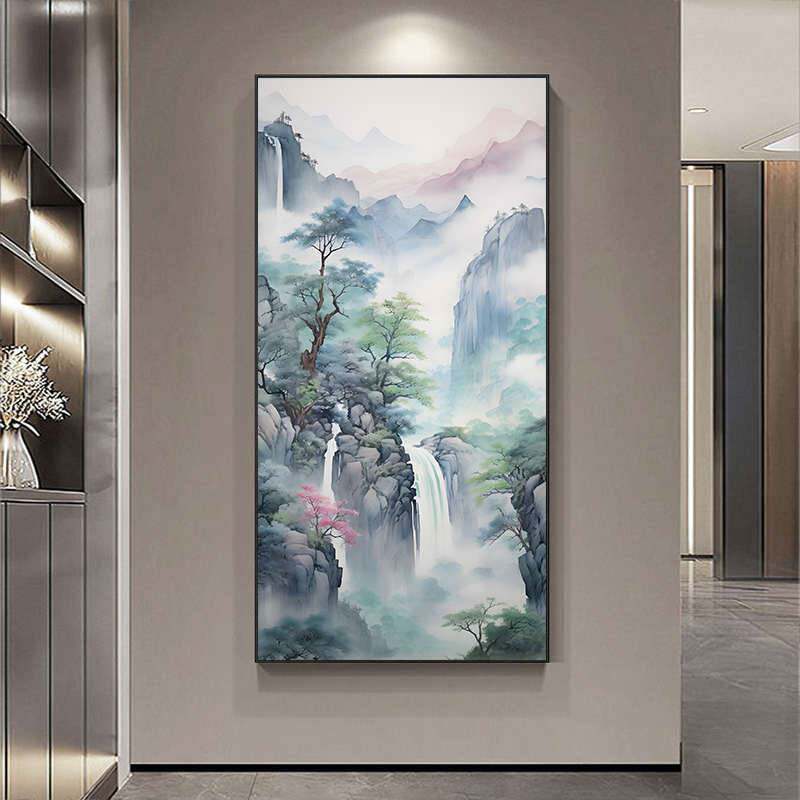 新中式山水风景入户门玄关装饰画流水生财靠山竖版走廊过道挂画