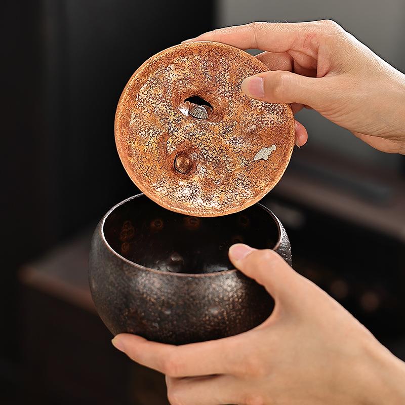 纯紫手工嵌银铜茶渣手工捶打桌废水缸垃圾面桶带过滤古水盂茶缸洗