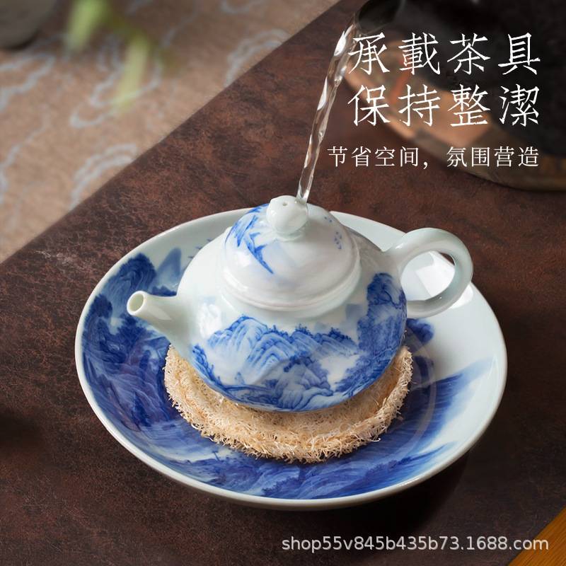 景德镇手绘青花瓷中式山水干泡台高端精致壶承陶瓷盖碗圆盘具配件