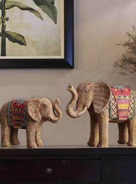 跨境热卖藤编纹大象装摆件别墅电KEX视客厅酒柜玄柜树关脂工艺品