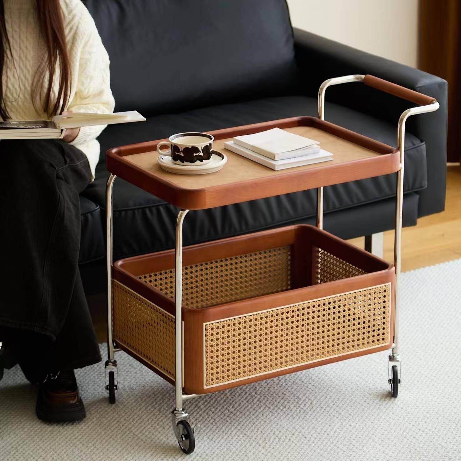 客?实木可移动边几不储锈钢收纳中古小推车厅物TBTC-001藤编简置