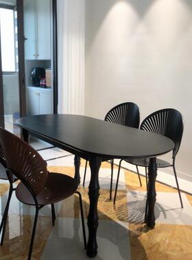 A8L0J式复古奢法DSD实木岛台桌家用小户型黑色弧形半圆椭轻圆餐靠