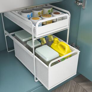 橱柜双水层孔调味抽拉式深柜收纳篮免F96HHSJ7打厨房台下槽置架物