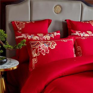 奢风60支长绒套新棉轻四件大红色刺绣婚纯棉结婚庆床ZJF2000上用