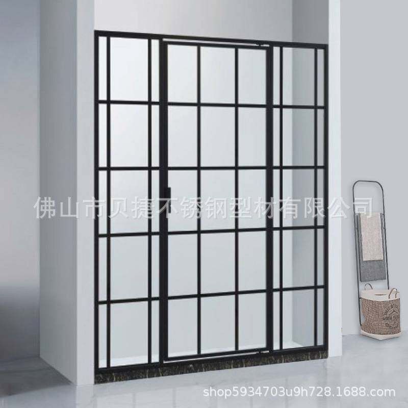 移门淋浴房卫生间干湿分离沐浴屏不锈钢一字型黑色浴室玻璃门隔断
