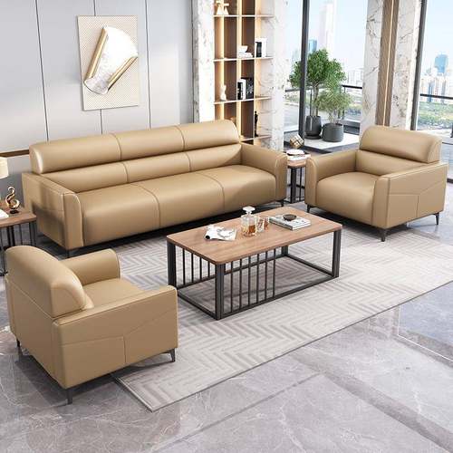 办公沙发现代皮简约会客接待三人位户型办小公室商务--猫抓茶几组