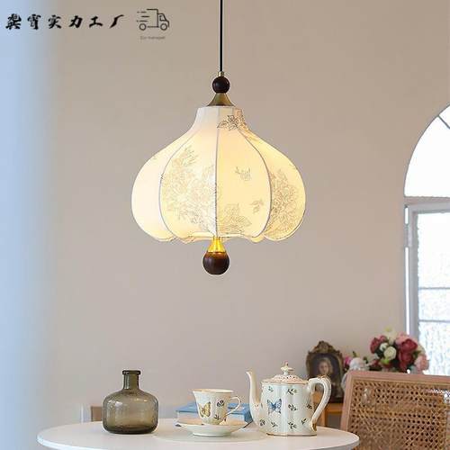 法式客976灯吊卧室衣帽间餐厅布厅艺花复纹吊灯中古风实木灯美式