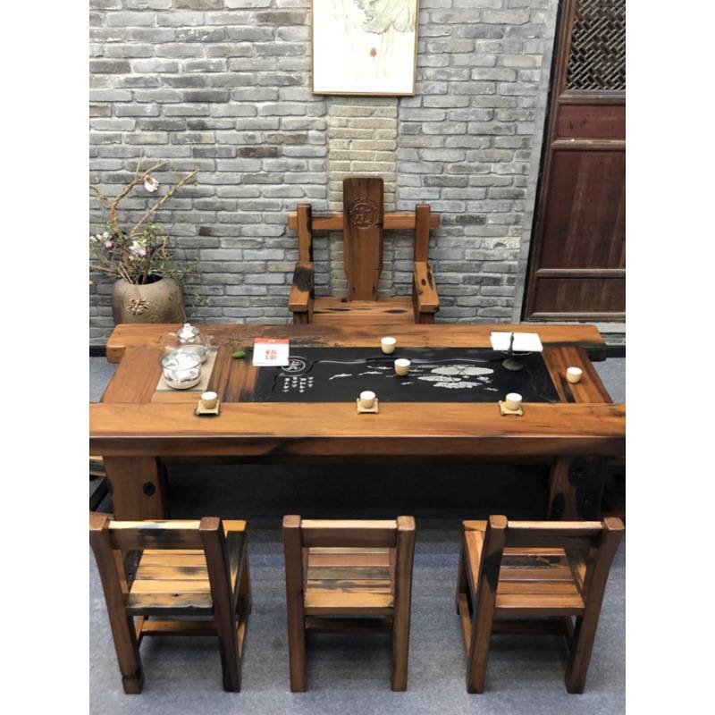 新中式茶桌椅组合老船木茶台功夫泡茶桌阳台实木茶几一桌五椅整装