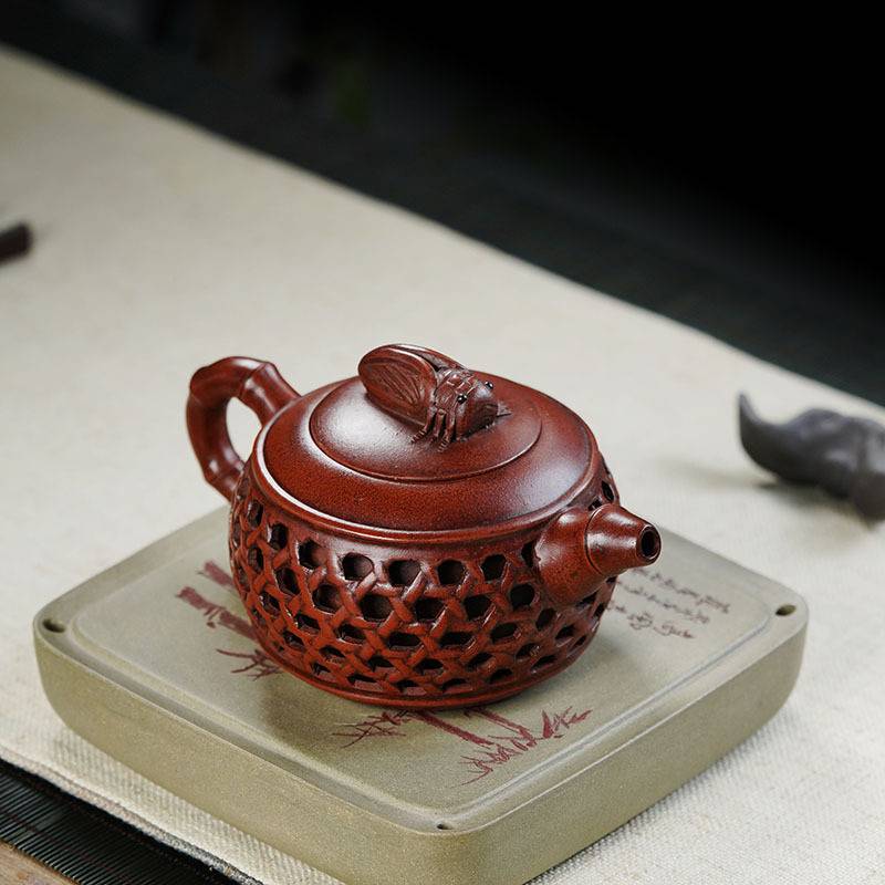宜兴紫砂早期防老一厂纯全手工紫砂壶镂空竹叶蝉鸣竹编茶壶仿老壶