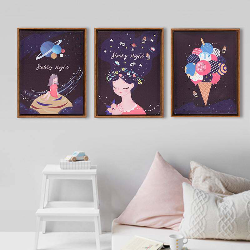 如果roogo分销 卡通星夜三联画墙壁装饰挂画 房间卧室创意装饰画