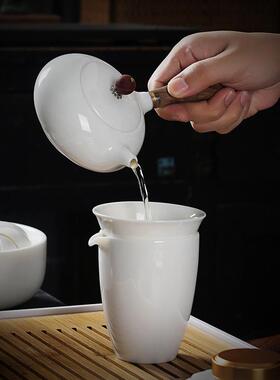 德化白瓷功夫茶具装家用套羊脂整茶玉简约木质侧把泡茶壶盖96521