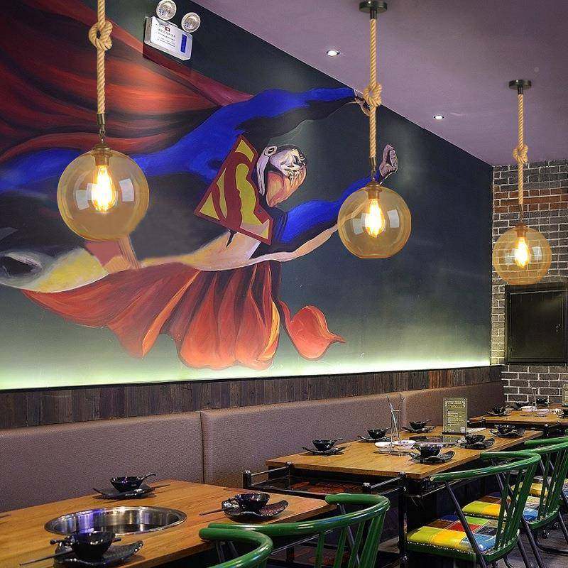 loft台复古吊灯创意装饰客吧厅餐厅吊灯式透明玻璃1圆球美麻绳灯,家装灯饰光源,智能吊灯,淘宝优惠券,粉丝福利购,淘宝优惠卷