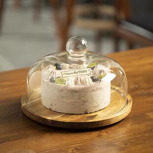 钠透明玻示璃竹木旋转钙托盘旋转木盘玻璃食物罩蛋糕盘防尘展玻璃