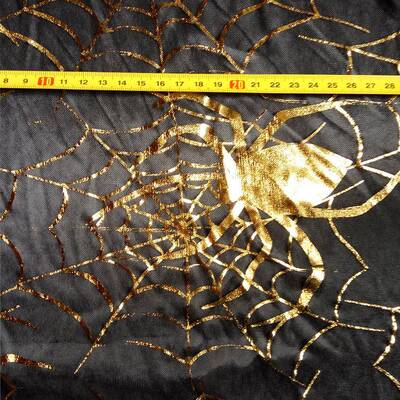 柯桥涤纶针织烫金万圣节面料黑色大蜘蛛网现布货供T00130应样订来