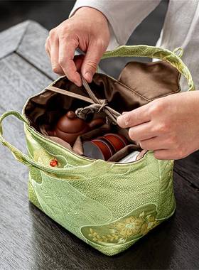 SND-38茶具收纳包旅便携茶布道包加手提布袋简厚约纯色蓝色提花行