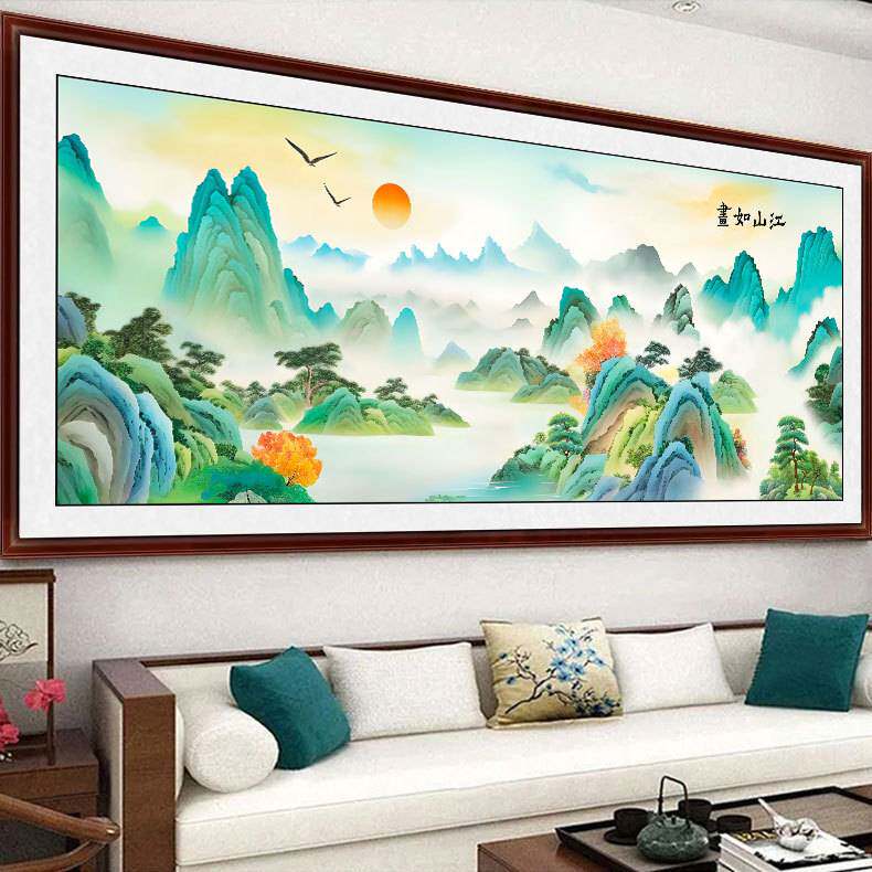 江山如画十字绣2023新款蓝色版客厅大幅风景山水画手工线绣满绣