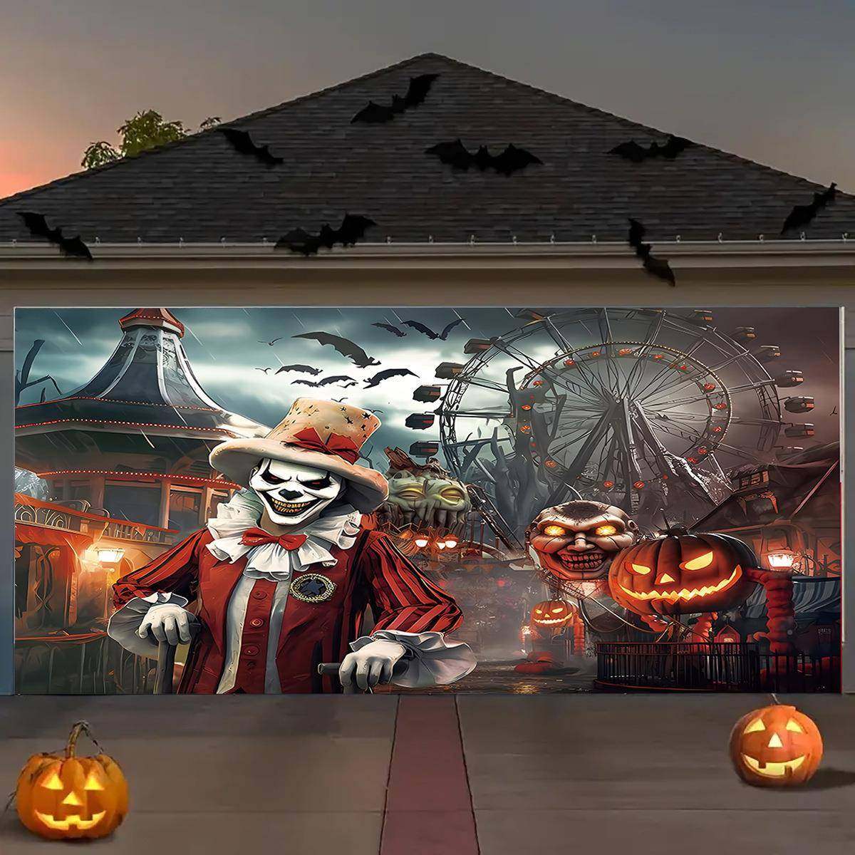 跨境库圣门装饰背景布IPCK-万节节日对车小丑横幅数码印花派挂布